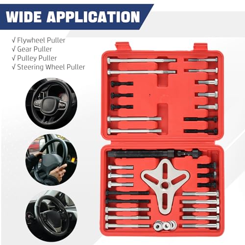 DASBET 46PCS Harmonic Balancer Puller Set, Steering Wheel Puller Kit Steering Wheel Flywheel Crankshaft Pulley Puller Crankshaft Pulleys and Gears for Most Cars, Pickups, SUVs (Red) - color: Red