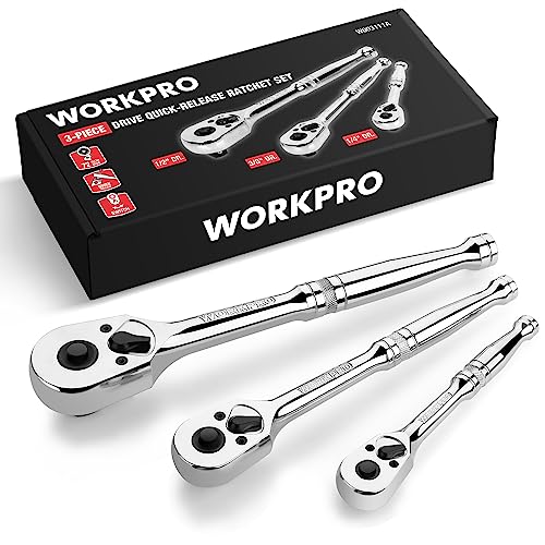 WORKPRO 3-Piece Ratchet Set, 1/4", 3/8", 1/2" Drive, 72-Tooth | Quick Release Reversible, 5 Degree Swing, Chrome Alloy Made, Full Polished - size: combo kit(1/4,3/8,1/2)