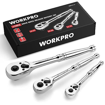 WORKPRO 3-Piece Ratchet Set, 1/4", 3/8", 1/2" Drive, 72-Tooth | Quick Release Reversible, 5 Degree Swing, Chrome Alloy Made, Full Polished - size: combo kit(1/4,3/8,1/2)