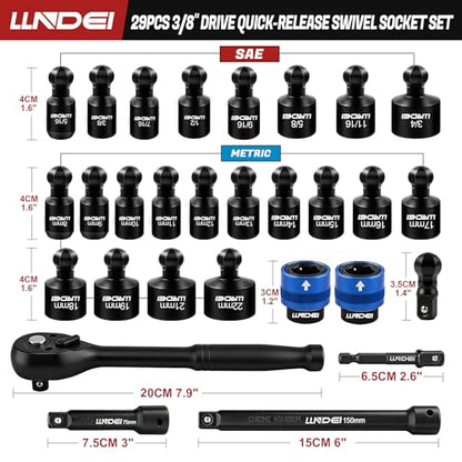 LLNDEI 29Pcs Swivel Socket Set, Quick Release Design, CR-MO 3/8 Swivel Sockets Metric(8-22mm)&Sae(5/16"-3/4"), Wobble Socket Set with Ratchet Wrench, Extension Bar and Adapters. - size: 29Pcs Quick-Release 3/8" Swivel Socket Set S&M