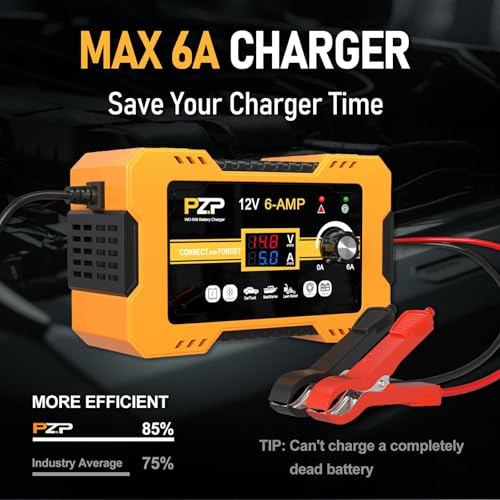 12V Automatic Car Battery Charger, 0-6A Arbitrarily Adjustable Smart Trickle Charger, Auto Desulfator with Battery Repair, Battery Maintainer with Winter Mode for AGM, Gel, Deep Cycle, Lead-Acid - color: Sun orange