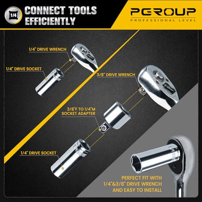 1/4” Drive SAE Socket Set, 11PCS Deep Hex Socket Set (3/16”-9/16”), Cover Most Commonly Sizes, Chrome Vanadium Steel with 3/8”F to 1/4”M Socket Adapter - size: 1/4-6PT-11PC