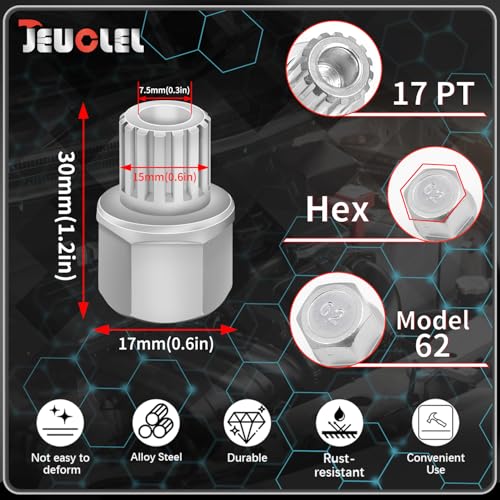 62/17PT Wheel Locking Nut Key Compatible with VW, Audi, Nut Removal | Wheel Lock Nut Socket Adapter, Anti-Theft Screw Remover, Hand Repair Tool, Tyre Fitting, garage - color: 62/17PT