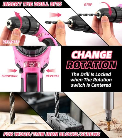 147 Piece Pink Power Drill Drivers Tool Set with 12V Cordless Drill, Professional Household Home Tools Kit Set, DIY Pink Electric Drill Cordless Hand Tool Box for Women - style: 147 Piece Pink