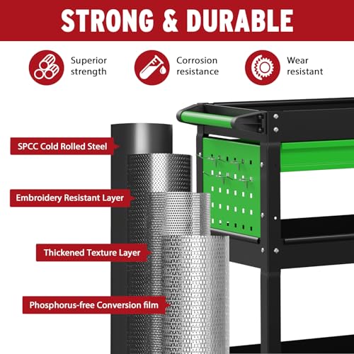 3 Tier Rolling Cart, Heavy Duty Utility Industrial Service Carts on Wheels, Metal Tool Cart with Locked Drawers, Ideal for Garage, Warehouse and Repair Shop (Black&Green) - color: Black&green