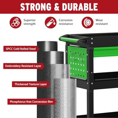 3 Tier Rolling Cart, Heavy Duty Utility Industrial Service Carts on Wheels, Metal Tool Cart with Locked Drawers, Ideal for Garage, Warehouse and Repair Shop (Black&Green) - color: Black&green