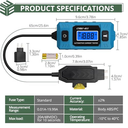 EYPINS 20A 48V Car Fuse Current Tester - High Precision Automotive Circuit Fault Probe Testers,Car Relay Fuse Blade Checker with Battery, DC Detect Pen,Backlit Display & Front Light