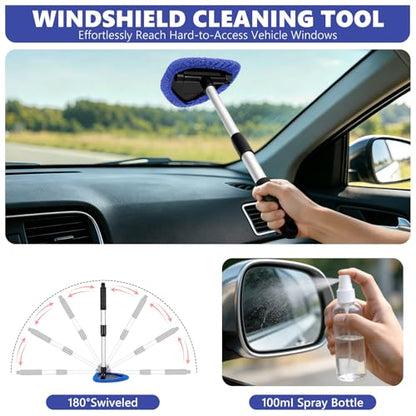 Windshield Cleaning Tool, 13PCS Car Detailing Kit Interior Cleaner, Car Window Cleaner with Extendable Handle, Car Interior Cleaning Kit with Detailing Brushes for Women Men (Blue) - color: blue