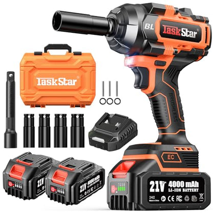 TaskStar 1500N.m 1/2" Cordless Impact Wrench for Auto Repair | 1110 ft-lbs max torque, 3-speed Mode, 21V 2×4.0Ah batteries & charger, 4 sockets, LED, impact gun for trucks/heavy equipment - style: 1500Nm