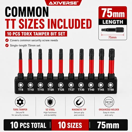 10PCS Security Torx Bit Set TT6-TT40, 3-Inch for Impact Drivers | TT6-TT40 Tamper-Resistant Star Bits, 3 in Long, Magnetic Tips, 1/4 in Hex Shank, Impact-Ready Alloy Steel, Clear Case - size: 3 in