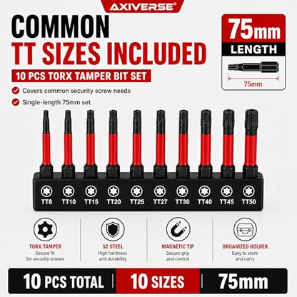 10PCS Security Torx Bit Set TT6-TT40, 3-Inch for Impact Drivers | TT6-TT40 Tamper-Resistant Star Bits, 3 in Long, Magnetic Tips, 1/4 in Hex Shank, Impact-Ready Alloy Steel, Clear Case - size: 3 in