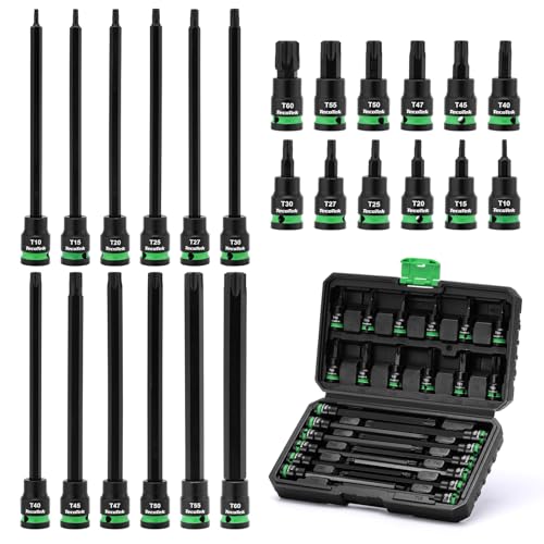 TecoTek 3/8" Drive Impact Torx Bit Socket Set, Extra Long Torx Socket, S2 Alloy Steel Star Bit Sockets, 24PCS Star Bit Set, T10-T60, 2in & 6in Long, CR-V & S2 Alloy Steel Set, Enhanced Storage Case - size: Torx Bit Socket