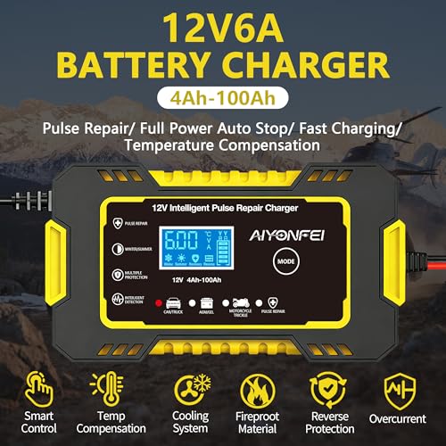 12V 6-Amp Battery Charger, Smart Trickle Charger Maintainer Yellow | Battery Desulfator, Winter & Summer Mode, Lead-acid Battery Chargers, for Car Truck Motorcycle Lawn Mower Boat - color: YELLOW