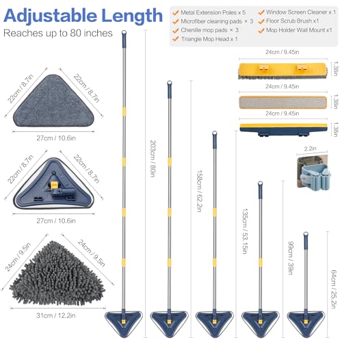 Wall Cleaner Mop, 80" Long Handle, 360° Ceiling Cleaning Tool | 5-in-1 Triangle Wall Mop for Painted Walls, Drywall, Baseboard, with Chenille Microfiber (6 Replacement Pad) Brush Scraper