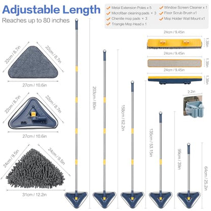 Wall Cleaner Mop, 80" Long Handle, 360° Ceiling Cleaning Tool | 5-in-1 Triangle Wall Mop for Painted Walls, Drywall, Baseboard, with Chenille Microfiber (6 Replacement Pad) Brush Scraper