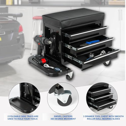 3 Drawer Rolling Mechanic Seat, Garage Stool with Foldable Side Trays, 360° Swivel Casters, Heavy Duty Tool Storage Chest, Cushioned Work Chair for Workshop Auto Repair