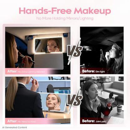 Upgraded Car Sun Visor Mirror Vanity as Gift for Women Men Makeup | Smart Sensor Switch, With protective Case, 3 LED Lighting Modes, 78 LED Beads, Rechargeable, Dimmable, 15-day Battery Life