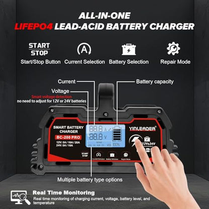 Battery Charger 20A, 12V/24V Lead Acid Smart Battery Charger, 12V LiFePO4 Car Battery Trickle Charger, Automatic Battery Maintainer for Car Motorcycle Lawn Mower Marine Boat Lead Acid Batteries - size: 20A