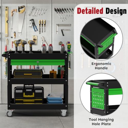 3 Tier Rolling Cart, Heavy Duty Utility Industrial Service Carts on Wheels, Metal Tool Cart with Locked Drawers, Ideal for Garage, Warehouse and Repair Shop (Black&Green) - color: Black&green
