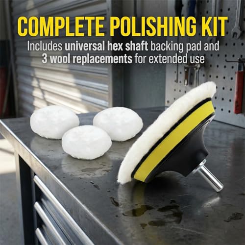 6Pcs 6 Inch Wool Polishing Buffing Pad with M14 Drill Adapter, Hook & Loop Backing Pad, Drill Polisher Attachment Buffing Wheel Set for Car, Glass, Tile, Tire Polishing & Waxing