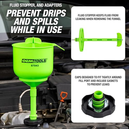 OEMTOOLS No-Spill Professional Quality Coolant Funnel Kit with 5 Adapters | Spill Free Funnel Kit Cooling System, Includes 5 Adapters, Extensions, and Automotive Funnel, Air Venting - style: Professional Quality