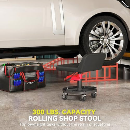 HOMCOM Rolling Mechanic Stool, 300 LBS Capacity Pneumatic Creeper Garage Stool with 360° Wheels, Backrest, Heavy Duty Roller Seat Padded Shop Chair with Tool Tray Storage, Adjustable Height, Black