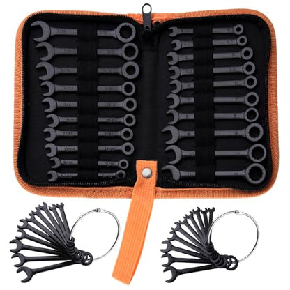 Mini Wrench Set Metric and SAE 20-Piece Ignition Wrench Set, 4mm-11mm & 5/32"-7/16" Open End and Box End Combination Wrench Kit Super Thin Small Spanner with Zipper Bag and Key Ring, Black - style: Metric & SAE(Black)