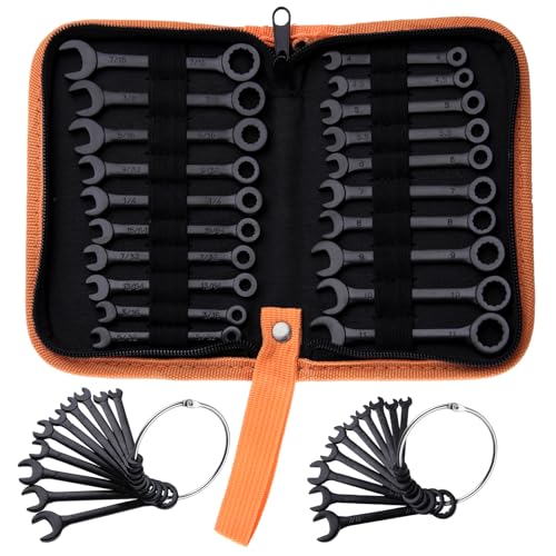 Mini Wrench Set Metric and SAE 20-Piece Ignition Wrench Set, 4mm-11mm & 5/32"-7/16" Open End and Box End Combination Wrench Kit Super Thin Small Spanner with Zipper Bag and Key Ring, Black - style: Metric & SAE(Black)