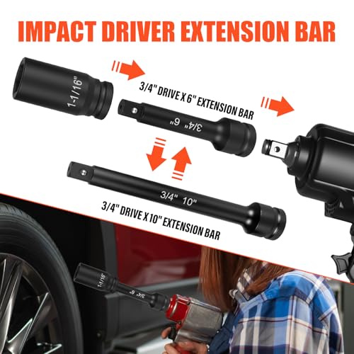 3/4" Drive Deep Impact Socket Set,21Pcs SAE (3/4 to 2 Inch) Sizes with Ratchet Wrench (24 tooth) Andextension Rod,6-Point Socket,Cr-Mo Steel Includes Adapters - size: 3/4"Drive Socket Set 21 PCS