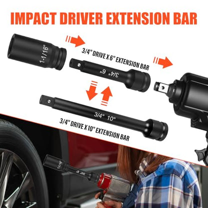 3/4" Drive Deep Impact Socket Set,21Pcs SAE (3/4 to 2 Inch) Sizes with Ratchet Wrench (24 tooth) Andextension Rod,6-Point Socket,Cr-Mo Steel Includes Adapters - size: 3/4"Drive Socket Set 21 PCS