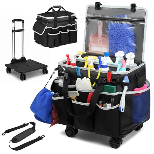 Large Rolling Cleaning Caddy Bag with Detachable Trolley, Full Support Plates for Professional Cleaning Supplies Bag, Organizer Bag with 4 Universal Wheels for Housekeepers, Car Wash - color: Gray