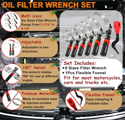 7pcs Oil Filter Wrench Set, Stainless Steel Adjustable Oil Filter Removal Tool Set 2-1/16"-5-1/4", Oil Wrench Tool Set with Oil Funnel for Automotive Oil Change
