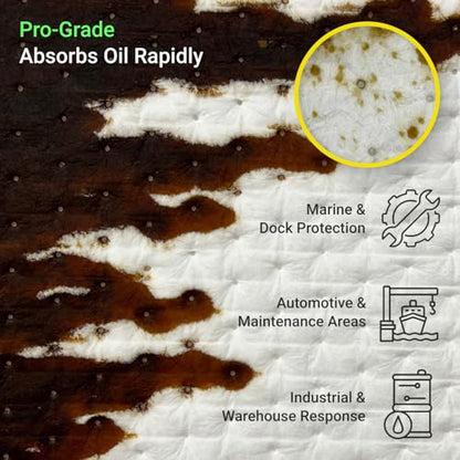 GreenStrength Oil Spill Absorbent Pads (100-Pack) 16"x18" Heavy Duty Hydrophobic Oil-Only - High Absorbency, Floats on Water - Ideal for Garage, Shop, Marine & Industrial Leaks, Made in Canada