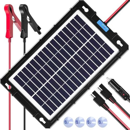 Rhorawill 8W 12V Solar Battery Charger & Maintainer, Waterproof Solar Panel Trickle Charging Kit Built-in Charge Controller, Solar Trickle Charger for Car Boat RV Motorcycle Trailer Automotive, etc.
