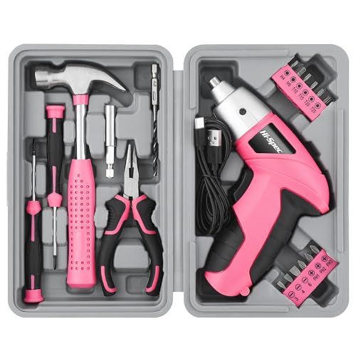 Hi-Spec Cordless Electric Screwdriver, Power Screw Driver Set with Pink Compact Tool Kit for Small Repair and Maintenance- Ideal Housewarming Gift,19 Piece - color: Light Pink