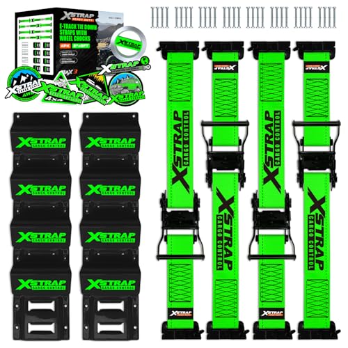 XSTRAP STANDARD 4-PK Wheel Chock E-Track Tie Down Straps Kit, 2"x9FT, Green | 4,400lb Break Strength Over-The-Tire Ratchet Straps with Steel Wheel Chocks for ATV, UTV, Lawn Mower, Trailer Hauling - size: Green-4PK-9FT