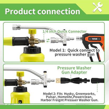 FIXFANS Foam Cannon, Compatible with Portland Husky and Ryobi Power Washer | Dual Connector Accessory, Replacement Gun Adapter, Double Tip Attachment Soap Cannon, 1/4" Quick Connect, 5 Nozzles, 1L - size: 999ML