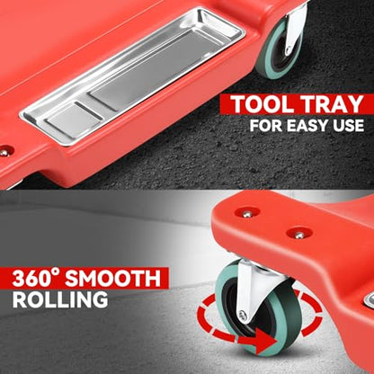 Auto Dynasty 40 Inches Mechanic Creeper, Automotive Garage Repair Low Profile Under Car Rolling Creeper with LED Light and Padded Headrest, Plastic, Red - color: Red, size: 40" L (w/LED Light)