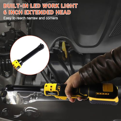 3/8" Extended Cordless Ratchet Wrench for Dewalt 20V Series Batteries | 600 RPM, 100 N.m Electric Power Ratchet Set with 8 Metric Sleeves,Built-in LED Light, Extended 6-inch Long Neck