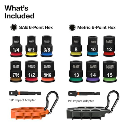 Klein Tools 80206 Grab-And-Go Impact Socket Sets, SAE and Metric, 14-Piece Set with Sleeves, Carabiners, 3/8-Inch Drive, Color-Coded, 1/4-Inch to 9/16-Inch, 8 mm to 15 mm Sockets - size: 14-Piece