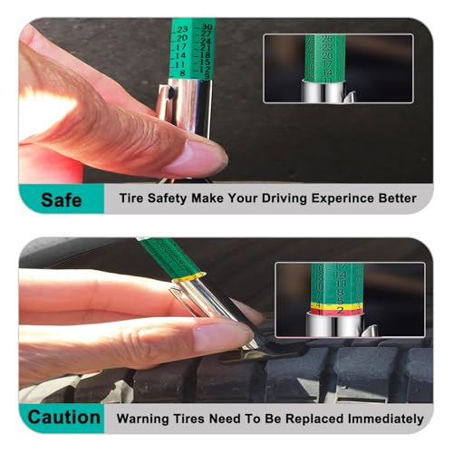 Tire Tread Depth Gauge Kit (4 Pack) - 1/32 Inch High-Accuracy Metal Pencil with Clip - Includes Valve Caps & Portable Bag for Car, Truck, SUV, Motorcycle, Bike