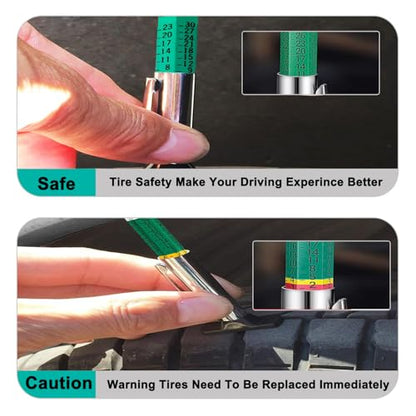 Tire Tread Depth Gauge Kit (4 Pack) - 1/32 Inch High-Accuracy Metal Pencil with Clip - Includes Valve Caps & Portable Bag for Car, Truck, SUV, Motorcycle, Bike