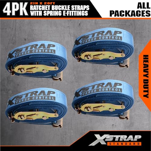 XSTRAP STANDARD 4-PK 2" x 20' E-Track Heavy Duty Ratchet Tie Down Straps | 4,400lbs Break Strength Cargo Securement Straps for Trailers, Trucks, Vans & Motorcycles with Spring Fittings (Blue) - size: Blue-4PK-20FT