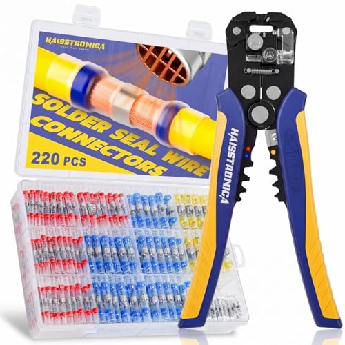 haisstronica 220PCS Solder Seal Wire Connectors Kit with 10-24 AWG Self-Adjusting Automatic Wire Stripper Tool, Waterproof Heat Shrink Butt Terminals for Car, Marine, Trailer, DIY Wiring Projects - size: 220PCS