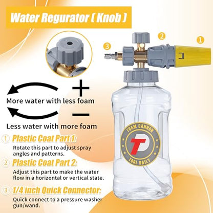 Tool Daily Pressure Washer Foam Cannon with Dual Connector, 1.5 Liter | Adjustable Soap Cannon with M22-14mm and 1/4” Quick Connect Fittings, Wide Mouth, Additional Orifice Nozzle 1.1mm, 3600 PSI - color: Grey, Yellow