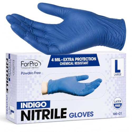 ForPro Disposable Nitrile Gloves, Chemical Resistant, Powder-Free, Latex-Free, Non-Sterile, Food Safe, 4 Mil - color: Indigo, size: Large (Pack of 100)