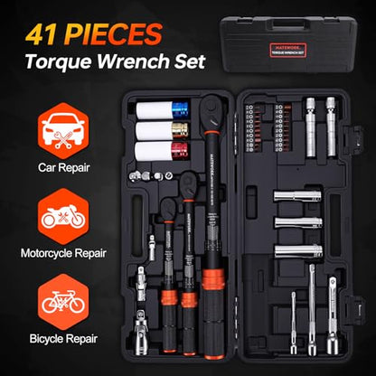 41PCS Torque Wrench Set 1/4 3/8 1/2-Inch Drive, Complete Click Torque Wrench Kit with Sockets, Bits, Extension Bars & Adapters, ±3% Accuracy 72-Tooth Dual-Scale Wrenches for Bike, Moto, Car, Truck - size: 1/2 3/8 1/4-inch (41pcs)