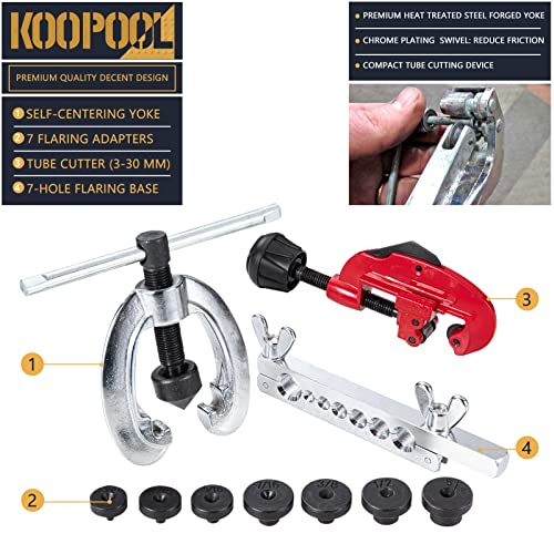 KOOPOOL Double & Single Flaring Tool Kit for Brake Line HVAC System with Tube Cutter Extra 7 Adapters,Brass Copper Pipe 45 Degrees Flaring Tool - size: 10PCS