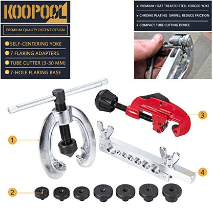 KOOPOOL Double & Single Flaring Tool Kit for Brake Line HVAC System with Tube Cutter Extra 7 Adapters,Brass Copper Pipe 45 Degrees Flaring Tool - size: 10PCS