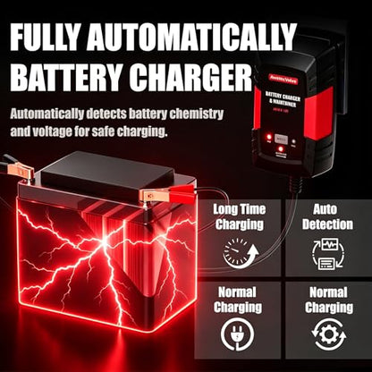 Smart Car Battery Charger,1.5A 6V/12V Maintainer,Automatic Tender Trickle Charger with Memory Function,LED Light,12FT Cables for Vehicle Lead-Acid & Lithium Batteries (Red) - color: Red